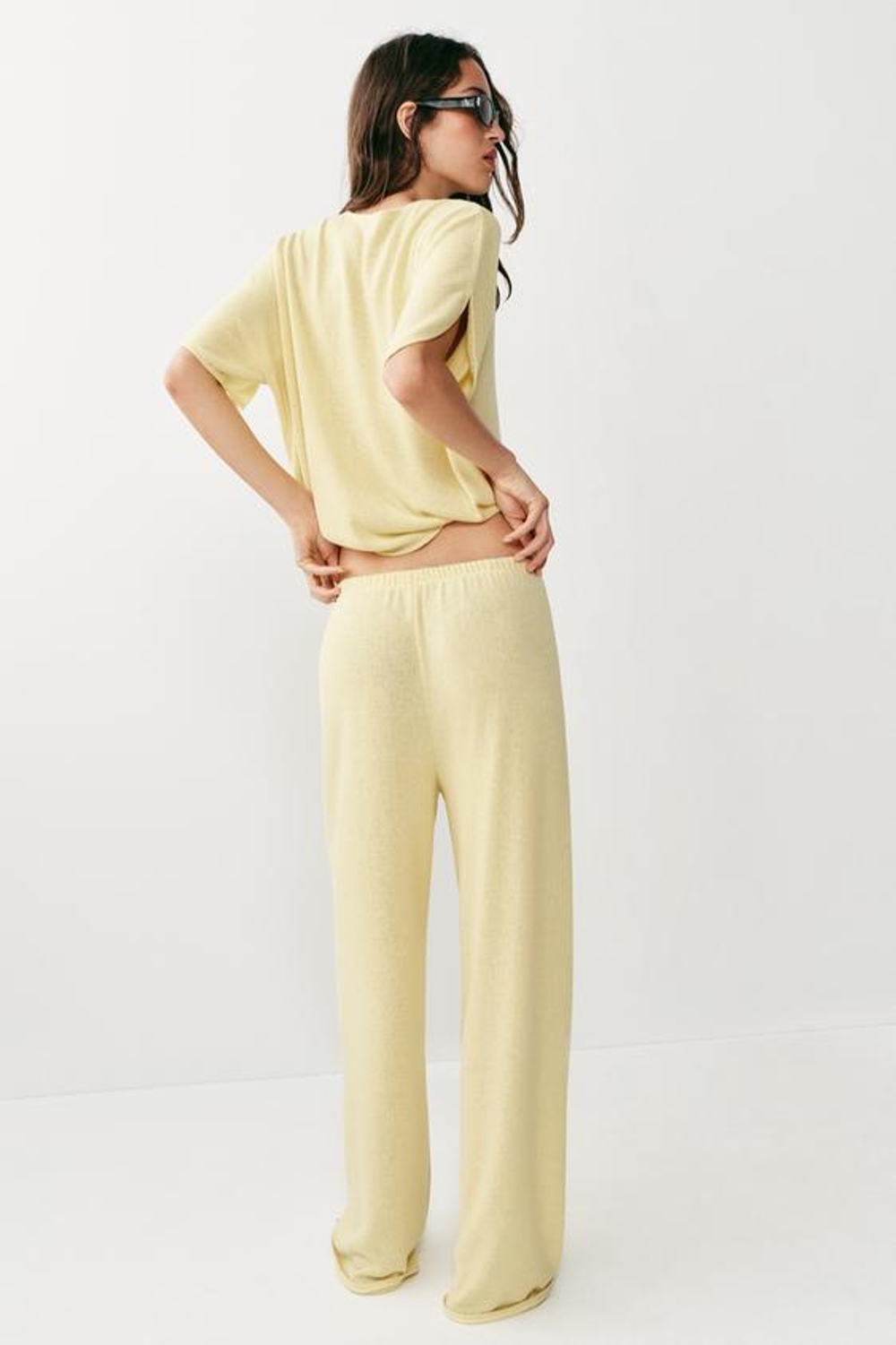 ZARA БРЮКИ WIDE LEG ИЗ ТКАНИ В ДЕРЕВЕНСКОМ СТИЛЕ, СВЕТЛО-ЖЕЛТЫЙ
