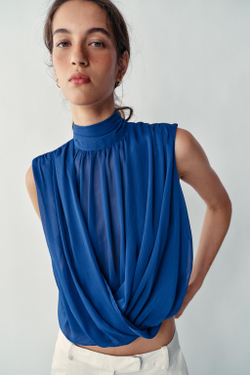 ZARA ДРАПИРОВАННЫЙ ТОП-БАЛЛОН, КОБАЛЬТОВЫЙ