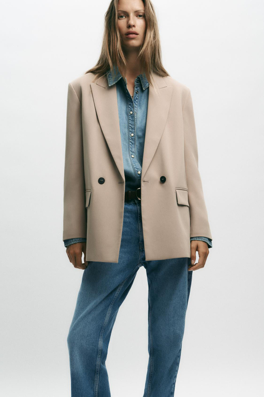 ZARA ДВУБОРТНЫЙ БЛЕЙЗЕР ОВЕРСАЙЗ, ПЕСОЧНЫЙ
