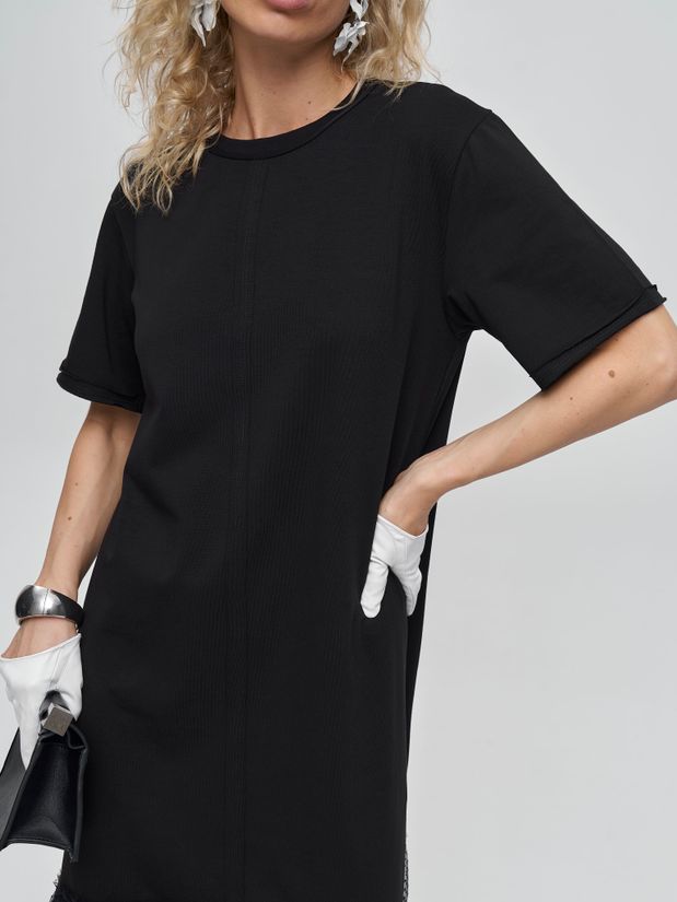 Платье трикотажное макси,с воланом из сетки, черное