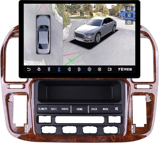 Магнитола для Toyota Land Cruiser 100, Lexus LX470 1998-2002 (климат на ШГУ, рамка дерево) - Teyes CC3-2K-360 монитор 13" 2K QLED на Android 10, 6Гб+128Гб, CarPlay, 4G SIM-слот, 4 камеры в комплекте