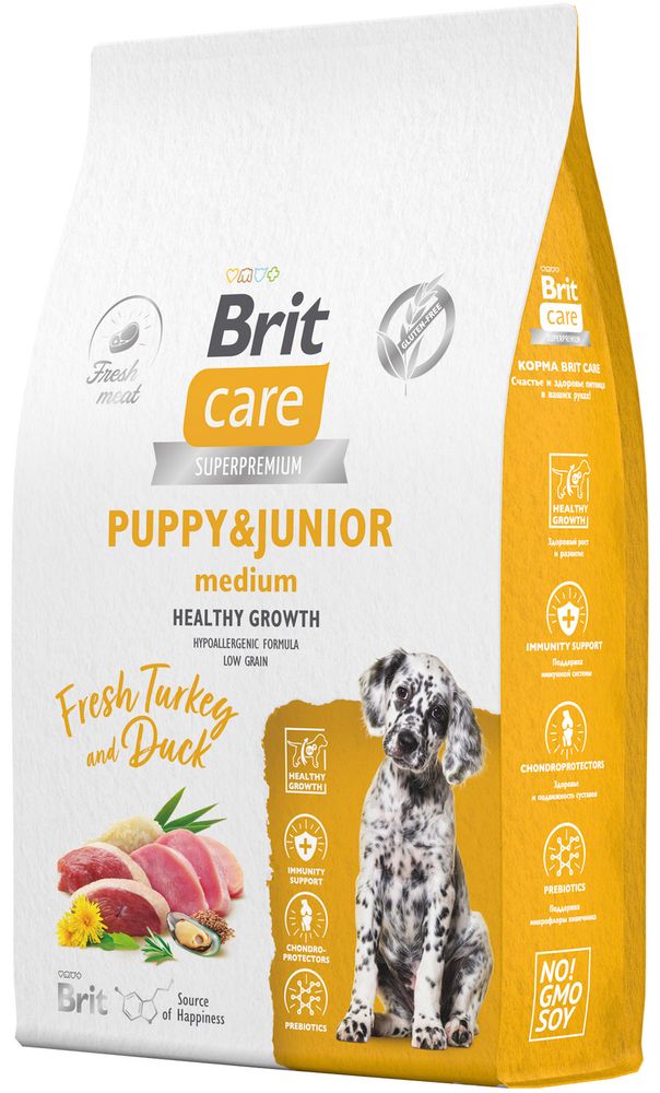Brit Care 1,5кг Superpremium Puppy &amp; Junior M Healthy Growth Turkey &amp; Duck Низкозерновой  корм для щенков средних пород, c индейкой и уткой