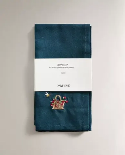 ZARA HOME ХЛОПКОВАЯ САЛФЕТКА С ВЫШИВКОЙ (НАБОР ИЗ 2 ШТ.), СИНИЙ