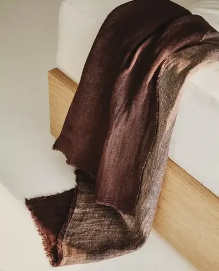 ZARA HOME ЛЬНЯНОЙ ПЛЕД С БАХРОМОЙ, КОРИЧНЕВЫЙ
