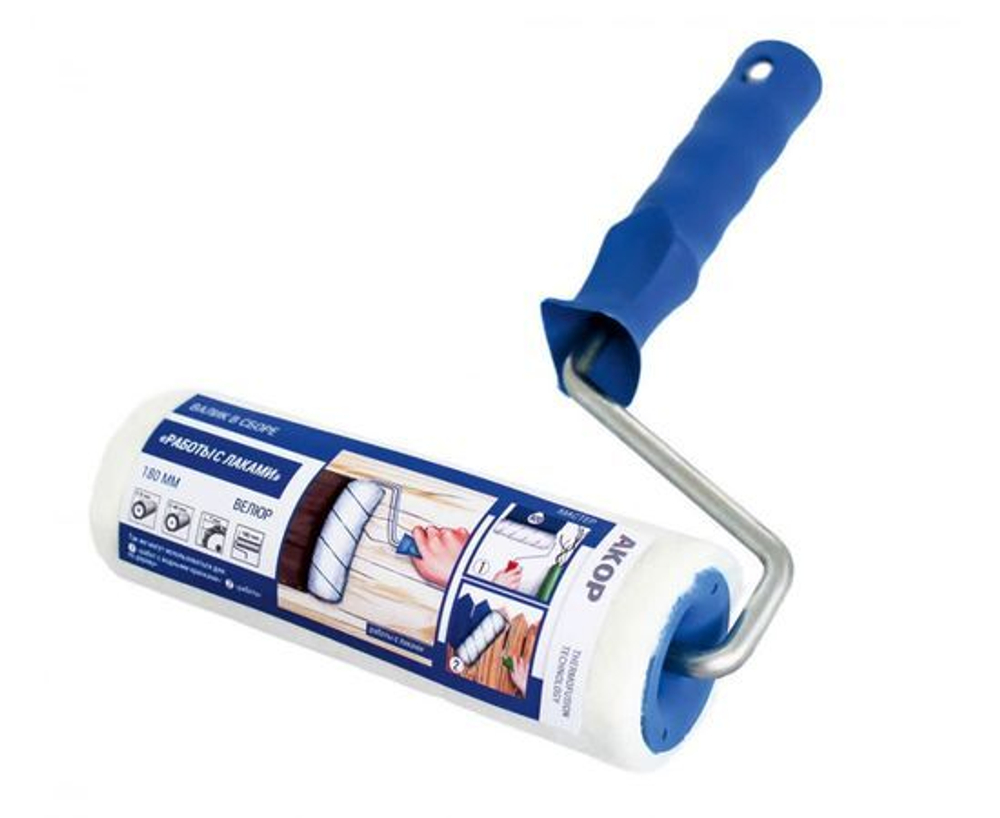 Валик малярный мини "Для работ с Лаками" 150 мм, ручка 30 см, в сборе, велюр-шерсть, АКОР