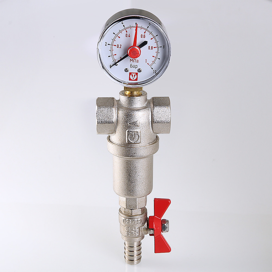 Фильтр промывной Valtec 1/2" 500/100 мкм с манометром (VT.390.N.04)
