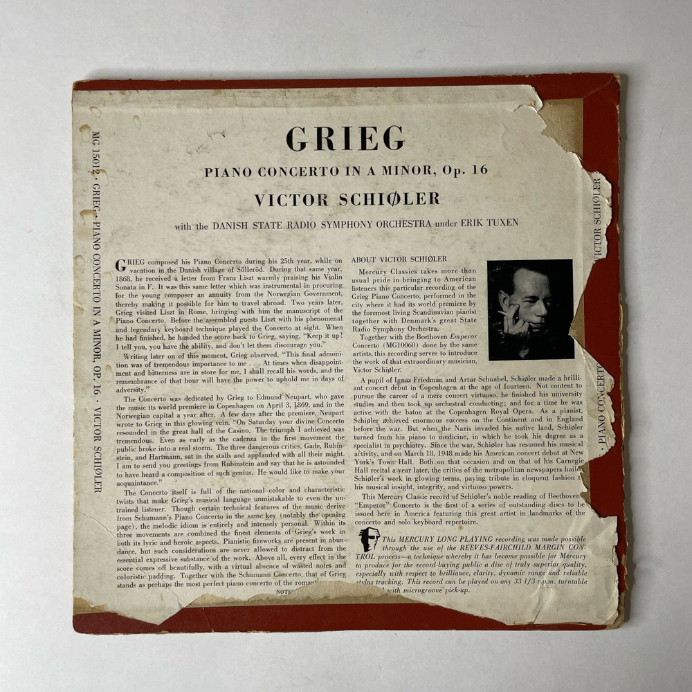 Винтажная виниловая пластинка LP Grieg Григ Victor Schioler With The Danish State Radio Symphony Orchestra Under Erik Tuxen, Piano Concerto In A Minor, Op. 16 (США 1951)