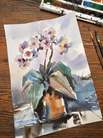 Картина авторская акварельная в паспарту 30х40 см на стену для интерьера "Орхидея"
