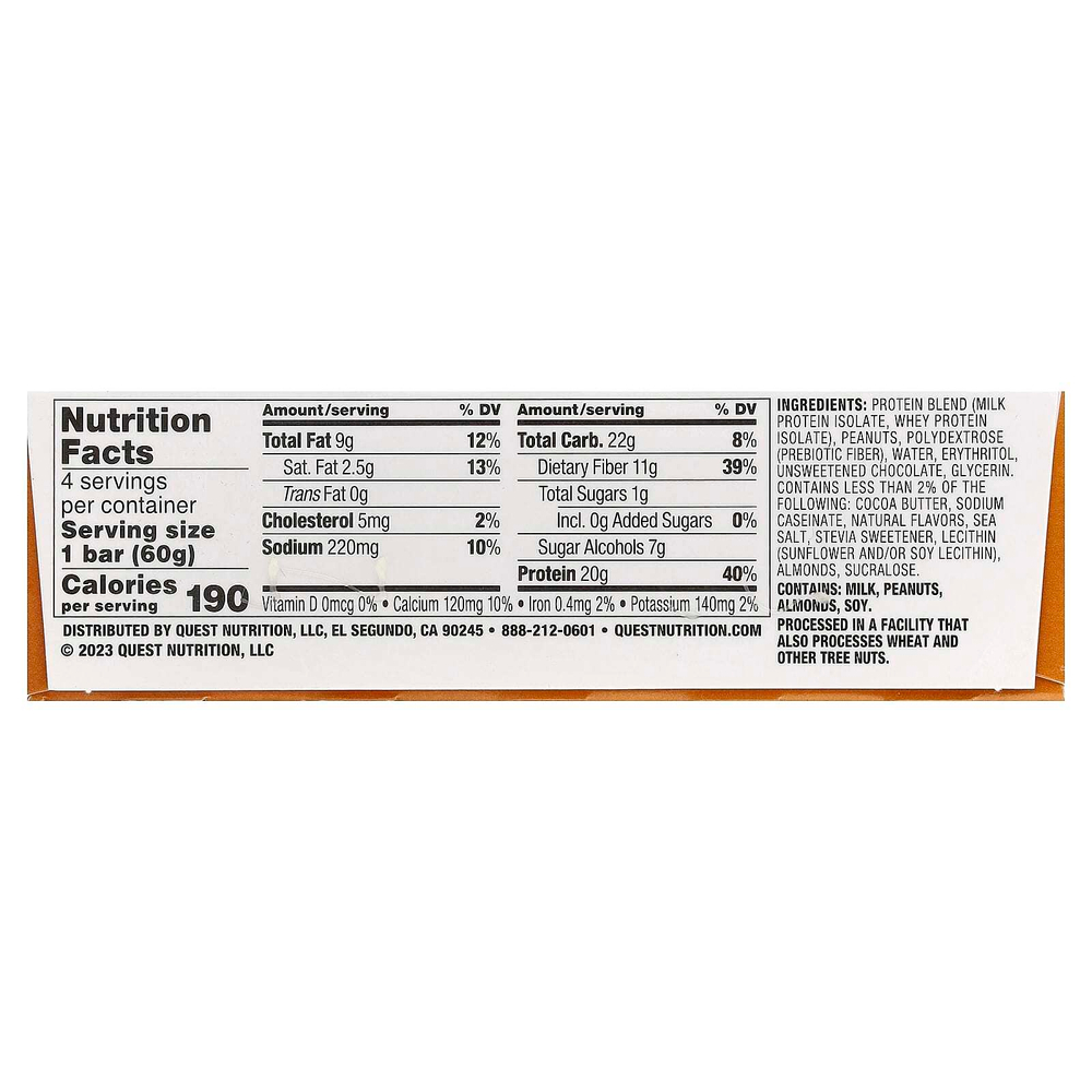 Quest Nutrition, Protein Bar, шоколадно-арахисовая паста, 4 батончика, 60 г (2,12 унции)