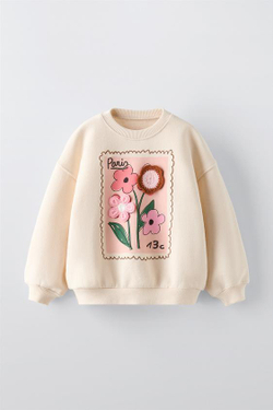 ZARA ТОЛСТОВКА С ПРИНТОМ И ЦВЕТОЧНЫМИ ДЕТАЛЯМИ, БЕЖЕВЫЙ