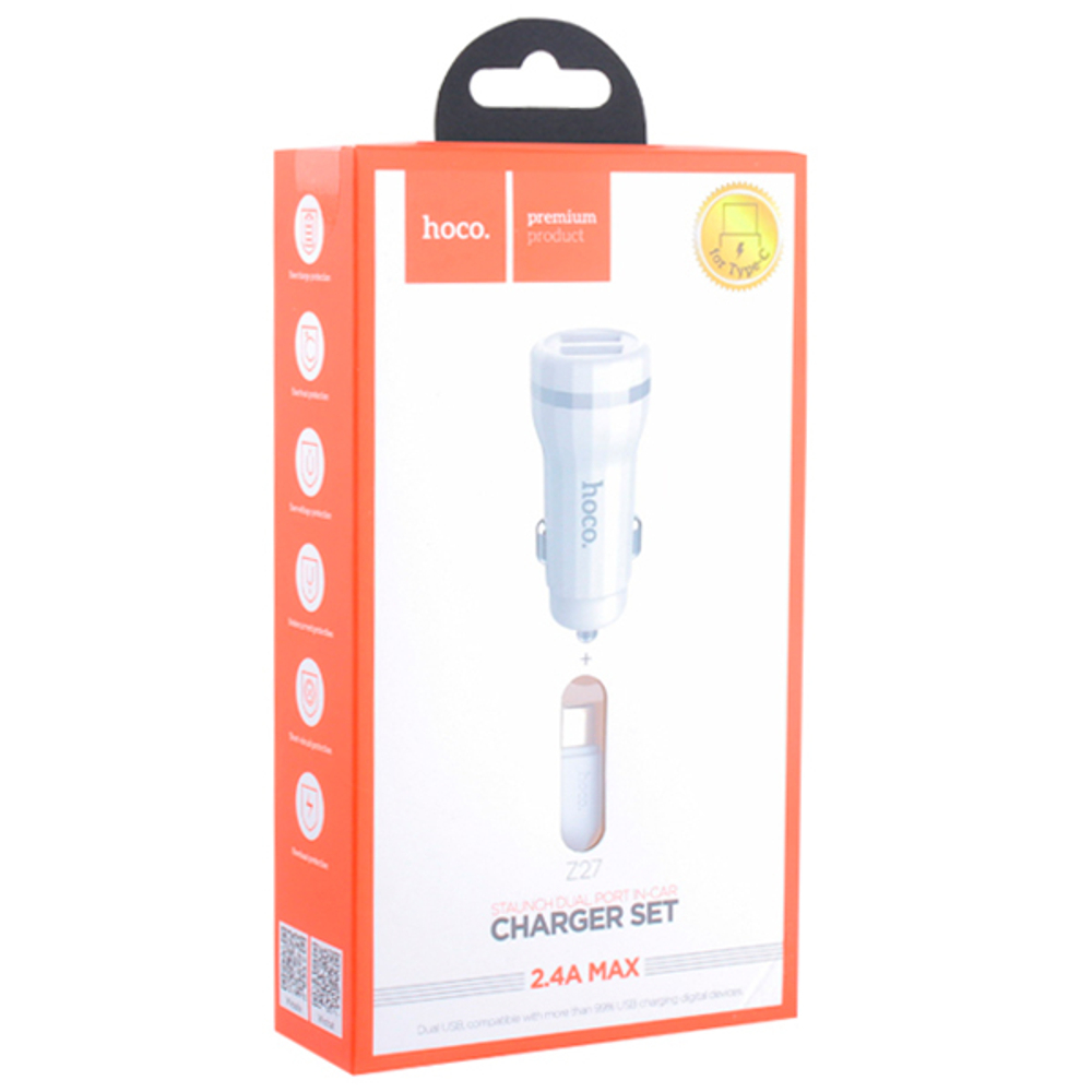 Разделитель автомобильный Hoco Z27 Staunch dual port in-car Charger with cable Type-C (2USB: 5V &amp; 2.4A) Белый