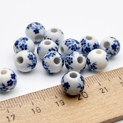 Бусины Шар с цветами, керамика, цвет синий, размер около 10 мм, цена за 1 шт