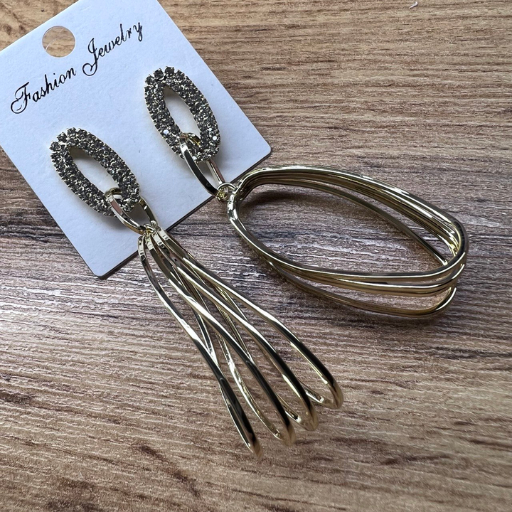 Серьги-гвоздики 4 овала многогранье стразы металл золотистый