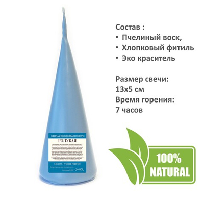 Свеча конус голубая / пчелиный воск / 13х5 см