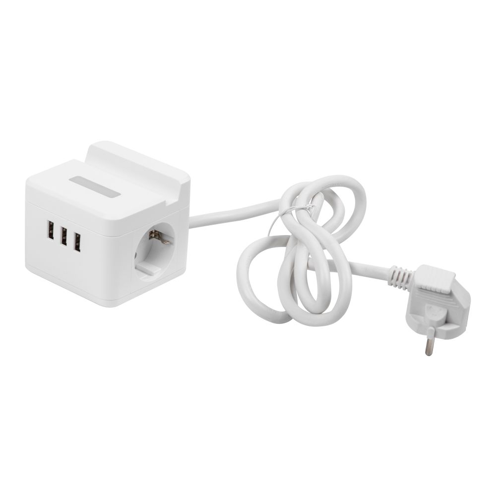 S-GCD2-1.5SBUH WHITE Удлинитель серии Standard. с-з. шнур 1.5м. 2 гнезда. 3 USB. 16А. держатель для телефона. Белый. ТМ Uniel