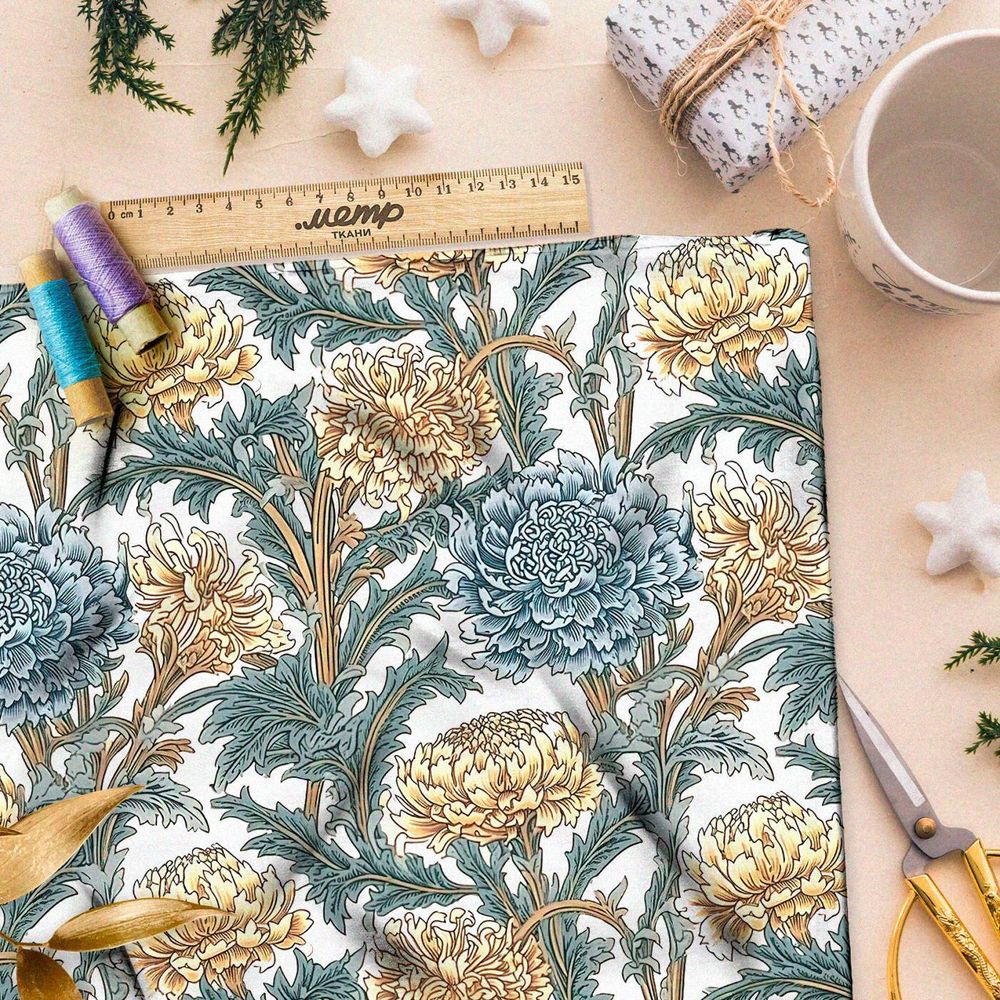 Ткань премиум дюспо графические хризантемы
