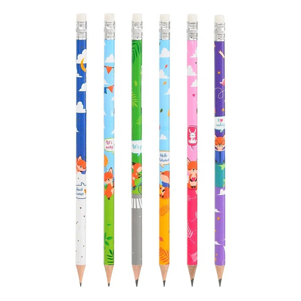 Карандаш простой, чернографитный, Basir, деревянный, с ластиком, серия "Лиса", с рисунком на корпусе, 48 шт