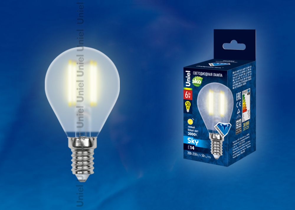 LED-G45-6W/WW/E14/FR PLS02WH Лампа светодиодная. Форма шар, матовая. Серия Sky. Теплый белый свет. Картон. ТМ Uniel.