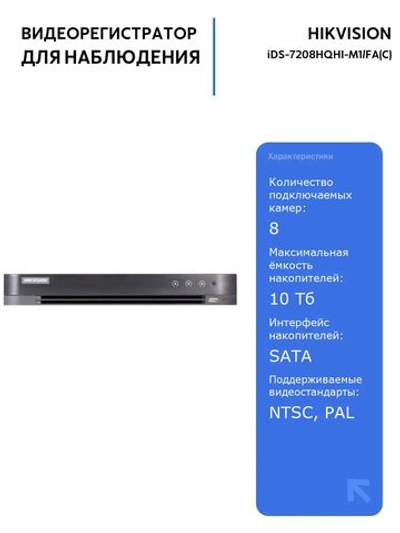 Видеорегистратор HIKVISION iDS-7208HQHI-M1/FA(C) для видеонаблюдения, 8 каналов, поддержка IP и аналоговых камер