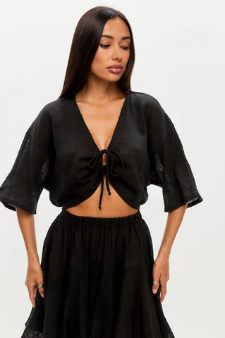 Блуза с завязками из хлопка stone wash черного цвета