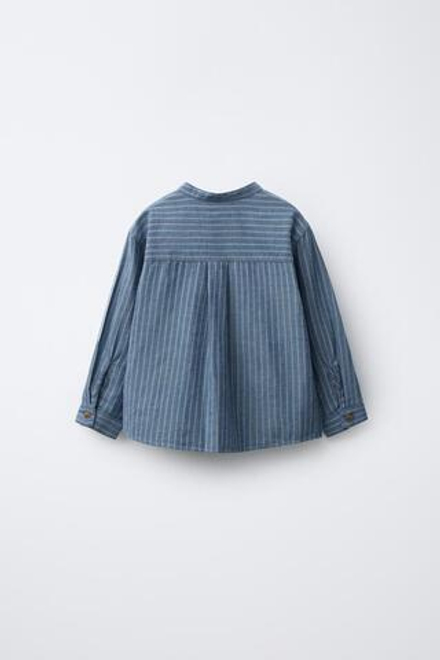 ZARA РУБАШКА В ПОЛОСКУ С ВОРОТНИКОМ-СТОЙКОЙ, СИНИЙ