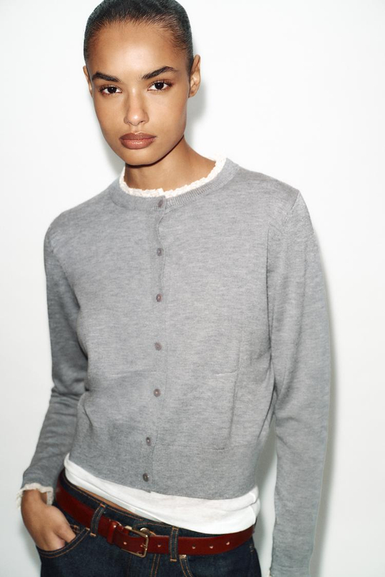 ZARА КАРДИГАН С КОМБИНИРОВАННОЙ КРУЖЕВНОЙ ОТДЕЛКОЙ, ЖЕМЧУЖНО-СЕРЫЙ