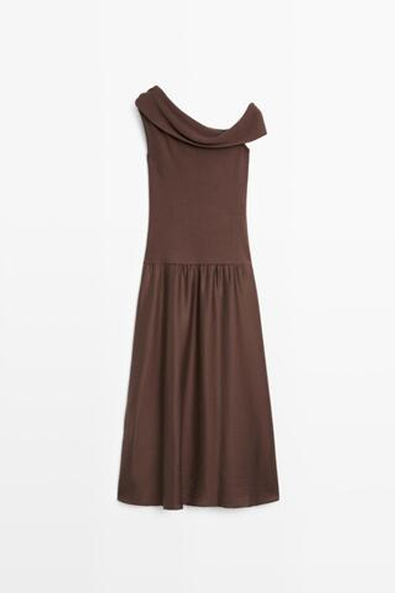 Massimo Dutti Платье миди с открытым плечом, коричневый