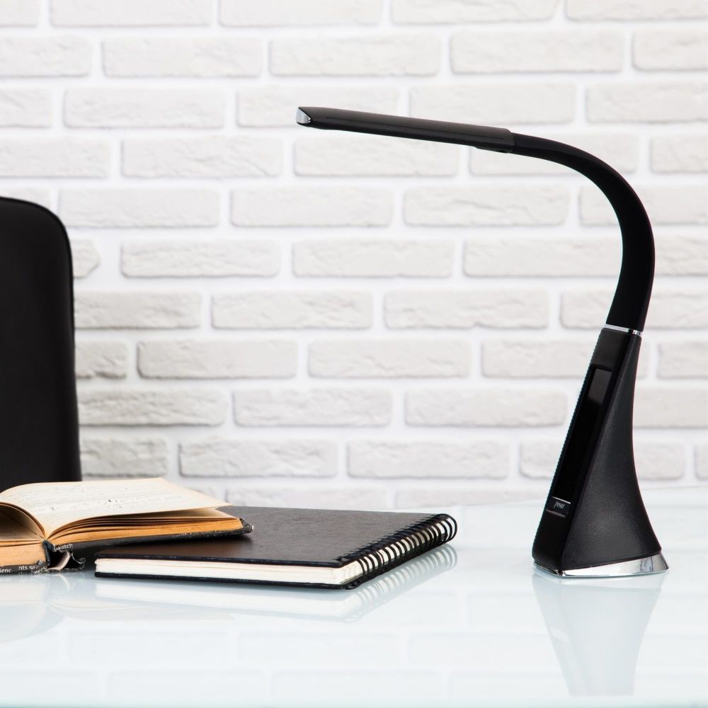 TLD-542 Black-LED-300Lm-5000K-Dimmer Светильник настольный c часами. календарем. термометром. 5W. Сенсорный выключатель. Черный стилизован под кожу. TM Uniel.