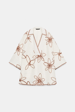 ZARA БЛУЗА-КАФТАН С ВЫШИВКОЙ, ЭКРЮ/КОРИЧНЕВЫЙ
