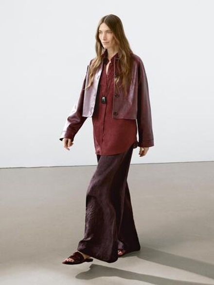 Massimo Dutti Струящиеся брюки из жатой ткани, бургундский