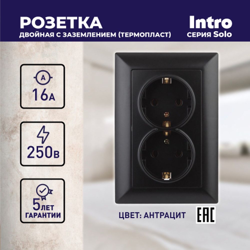 Розетка Intro Solo 4-205-05 с заземлением двойная 2X2P+E Schuko, 16А-250В, IP20, СУ, антрацит