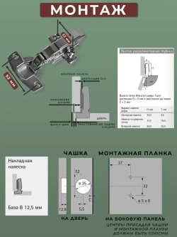 Петля мебельная накладная Hettich Sensys Германия 8645i с доводчиком / открывание 110 градусов (9071205) + монтажная планка + заглушки / Комплект 2шт