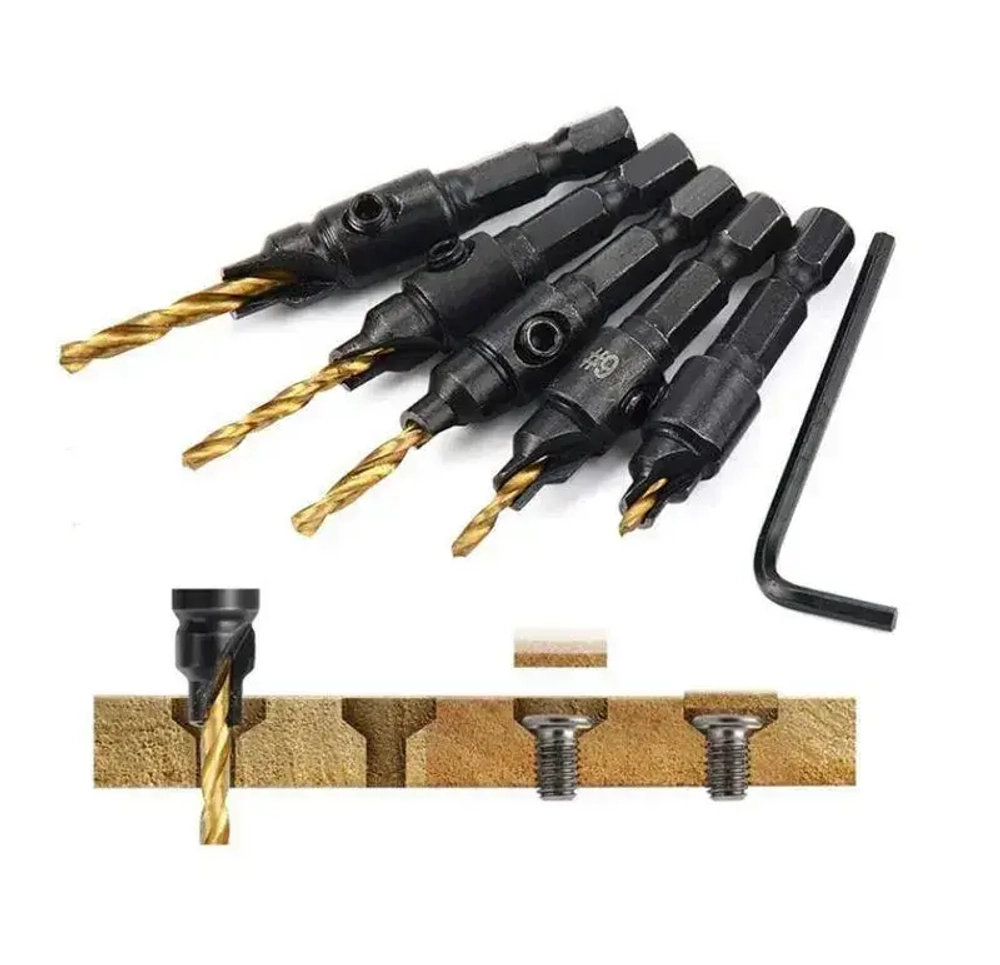 Сверло с зенкером под конфирмат с шестигранным хвостовиком по дереву набор 5 шт. Набор зенковок со сверлами