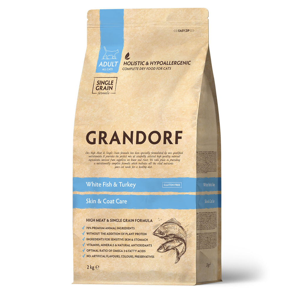 Grandorf Cat White Fish&Turkey Skin&Care для взрослых кошек с рыбой и индейкой, 2кг