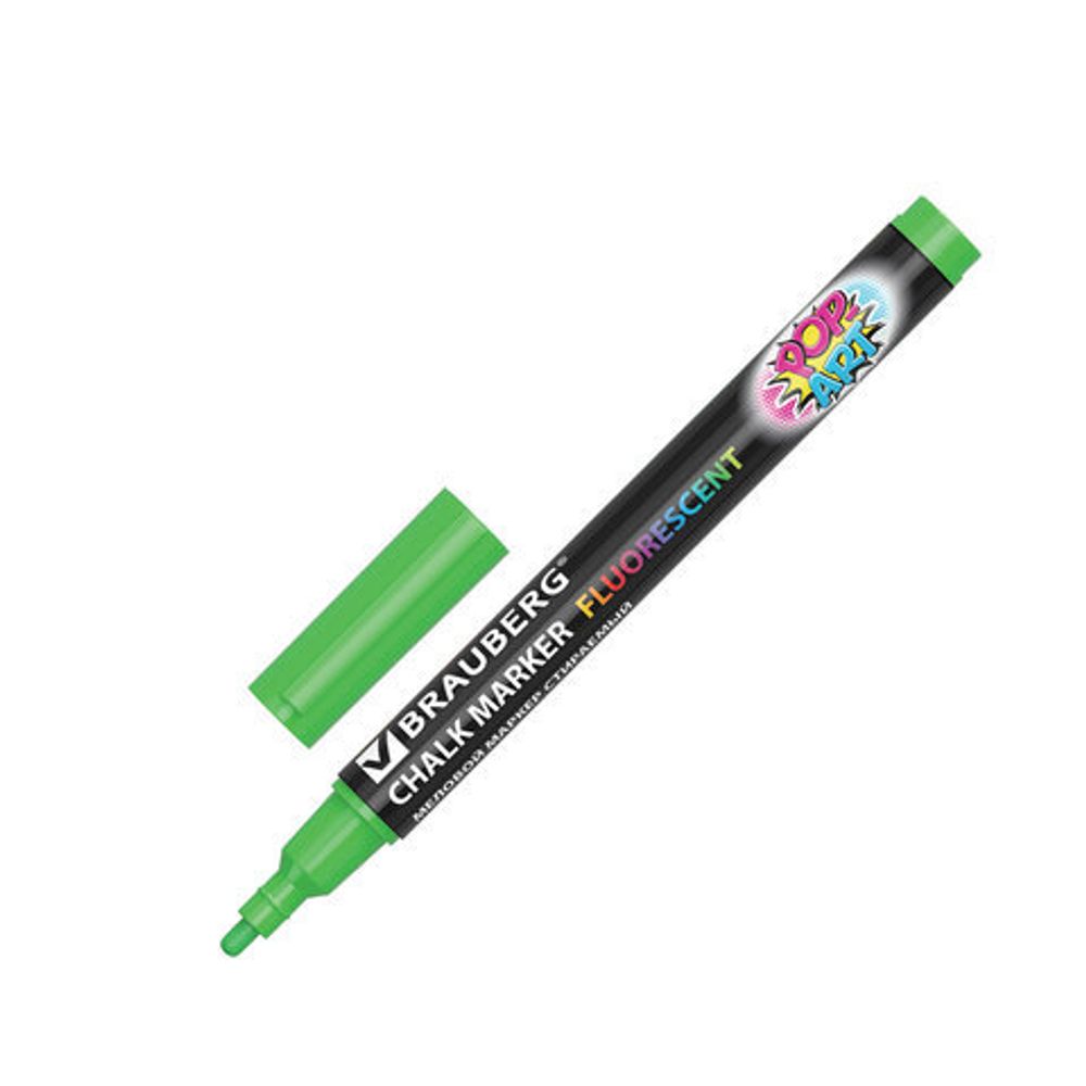 Маркер меловой "POP-ART" ЗЕЛЕНЫЙ, 3,5 мм, сухостираемый, для гладких поверхностей, BRAUBERG, 151524