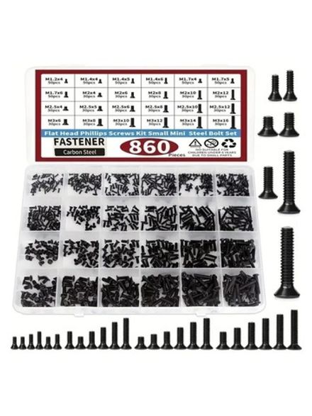 Набор миниатюрных чёрных винтов для компьютеров, очков и электроники, в комплекте 860 штук