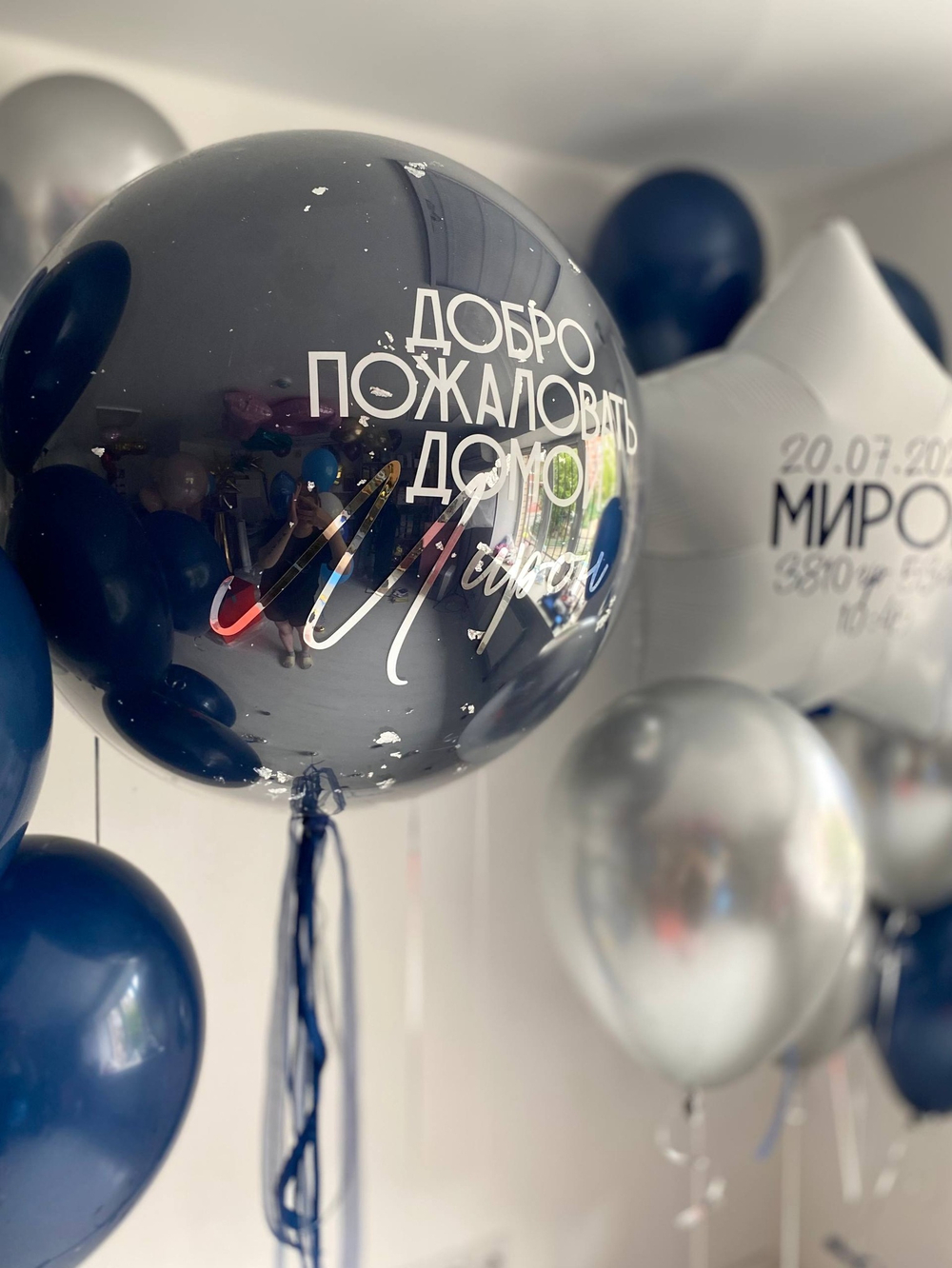 Воздушные шары на выписку из роддома темно-синий/хром серебро №3536