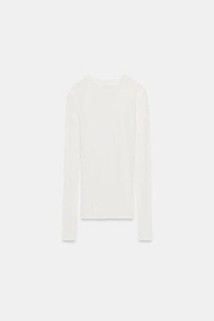 ZARA ХЛОПКОВАЯ ФУТБОЛКА С ДЛИННЫМИ РУКАВАМИ, ЖЕЛТОВАТО-БЕЛЫЙ