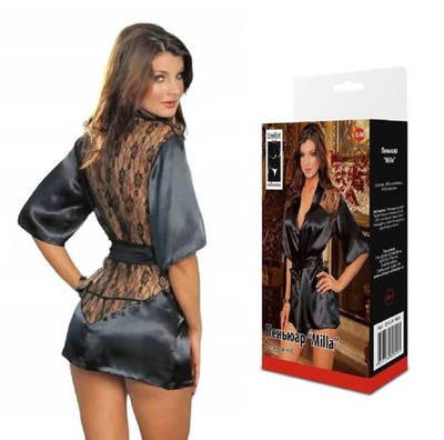 Пеньюар атласный со вставками из гипюра Milla с трусиками черный S