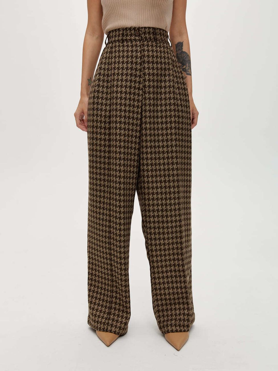 Брюки прямые широкие, гусиная лапка, коричневый