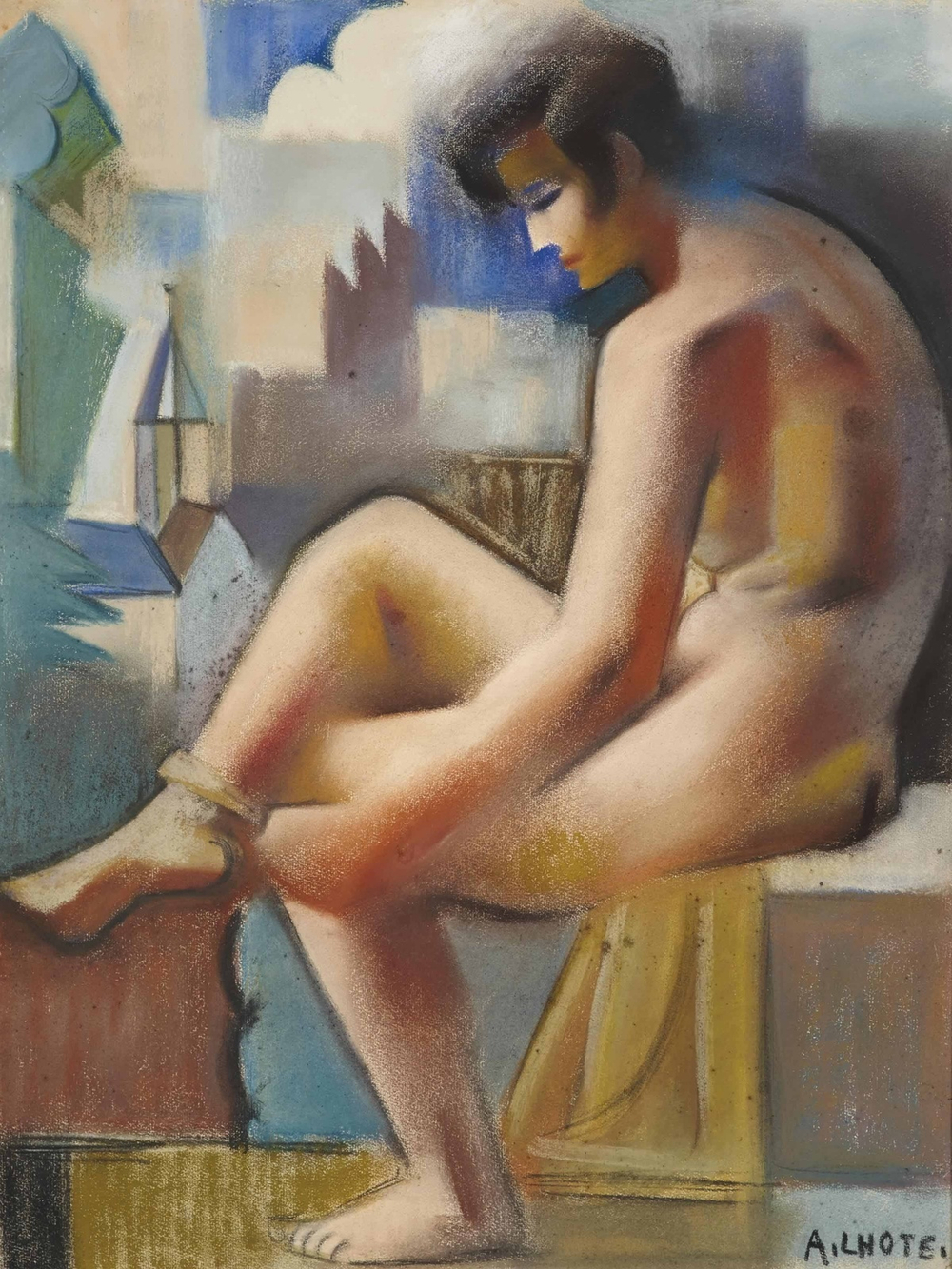 Андре Лот. 1925 (ок). Сидящая обнаженная в пейзаже (Nu assis dans un paysage). 63 x 48. Бумага, пастель. Частное собрание.
