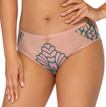 Трусики-бразилиана с контрастной бирюзовой вышивкой (Размер: S) (Цвет: телесный)