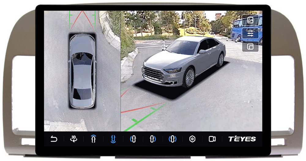 Магнитола Toyota Camry 30 2001-2006 (рамка оливковая) - Teyes CC3-2K-360 монитор 13" 2K QLED на Android 10, 6Гб+128Гб, CarPlay, 4G SIM-слот, 4 камеры в комплекте