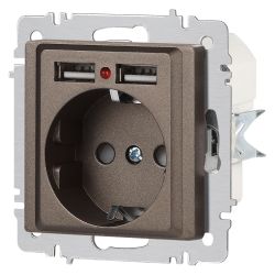 Розетка Intro Accent 6-410-08 с заземлением 2P+E Schuko со шторками 16А-250В + 2хUSB IP20 СУ бронза