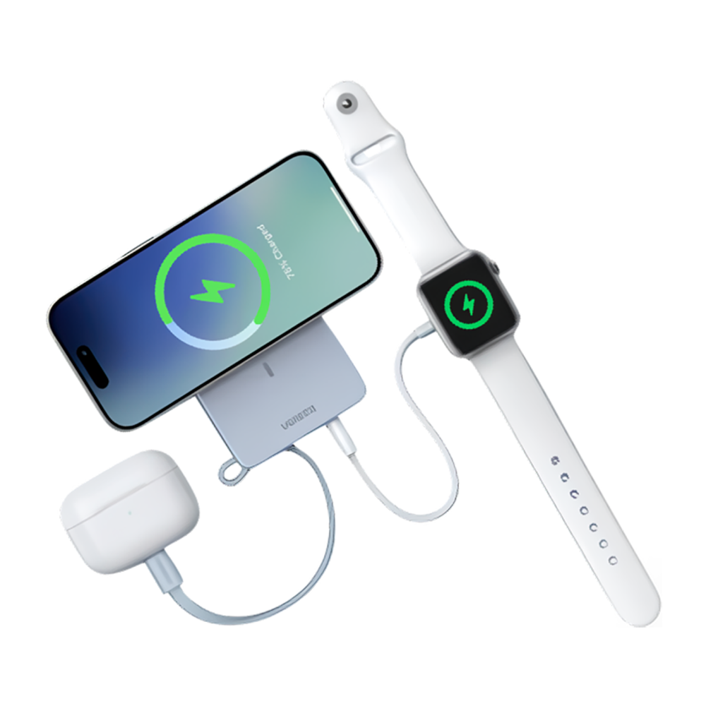 Внешний аккумулятор MagSafe со встроенным кабелем Ugreen MagFlow (Qi2.2) (10000 мА·ч) (PB773) Беспроводная зарядка: Qi 25 Вт. Проводная зарядка: USB-C, встроенный кабель USB-C. Сертификация Qi2. Есть дисплей, поддержка PD 3.0, QC 3.0, PPS, AFC, SCP и FCP.