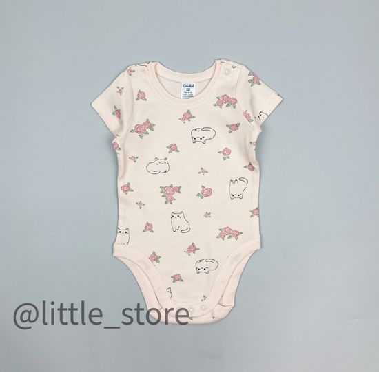 Боди хлопковое "Кошечки и цветочки" светлый жемчуг