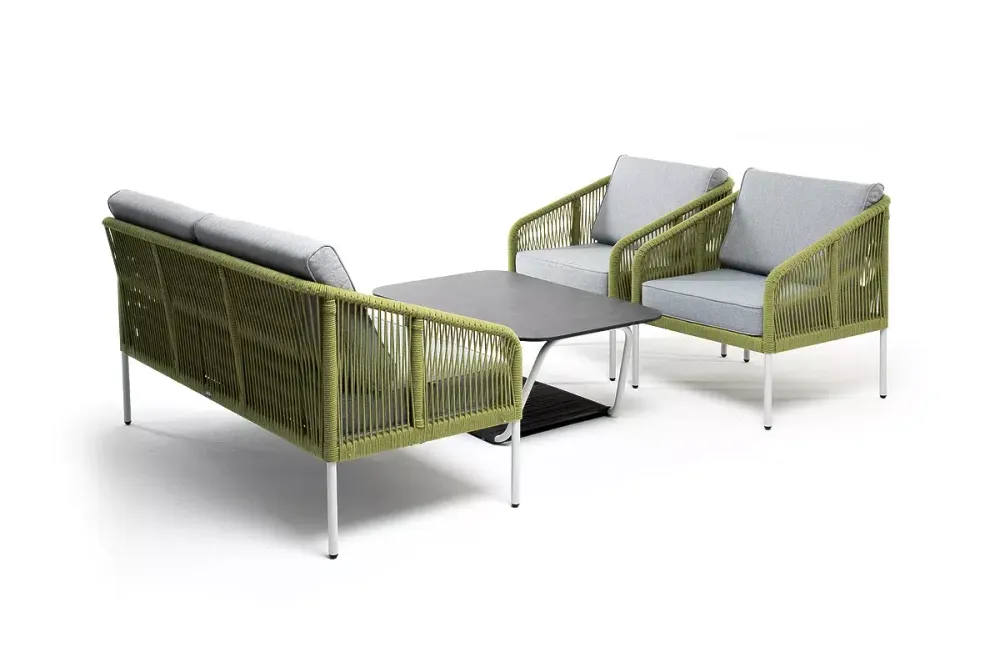 "Канны" лаунж-зона 4-местная из роупа со столом "Глория" (серый гранит), каркас алюминиевый светло-серый, роуп салатовый меланж