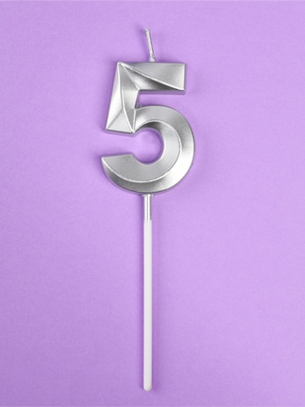 Свеча в торт на шпажке «Грань», цифра 5, серебро, 5 см