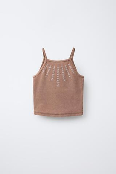ZARA ТОП С ЭФФЕКТОМ ПОТЕРТОСТИ И ЗАКЛЕПКАМИ, КОРИЧНЕВЫЙ