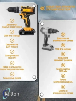 Ktillon Ударная дрель шуруповерт аккумуляторная, с кейсом + набор бит и свёрл, 2 АКБ, 48 В,24 насадки и инструкция в наборе